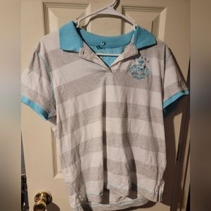 Blue and gray striped polo